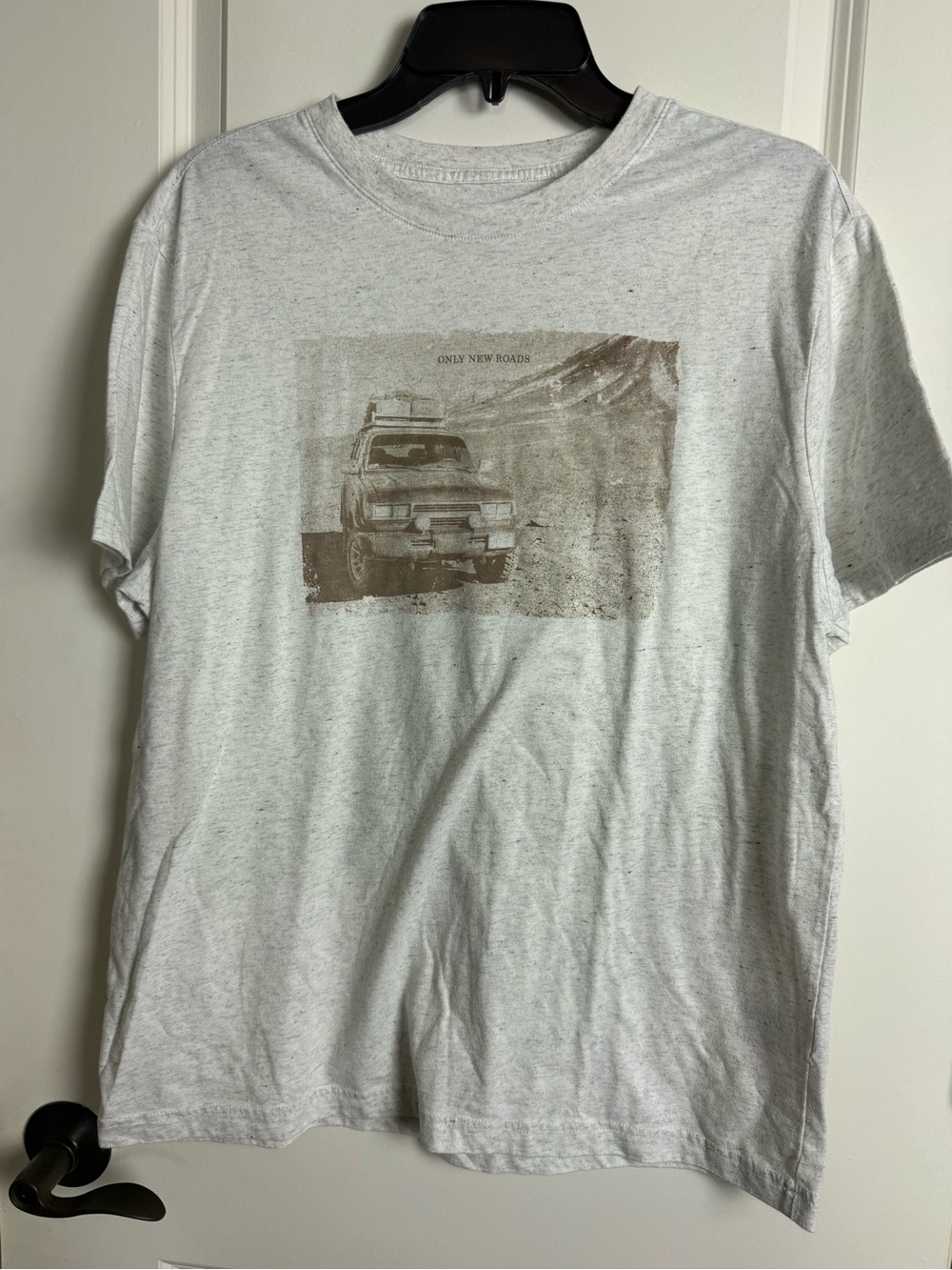 Banana Republic Light Heather Gray Tee with Brown Off-Road Print